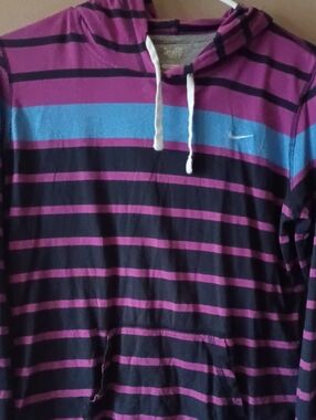 Nike Men’s Purple, Black & Blue Striped Hooded Shirt